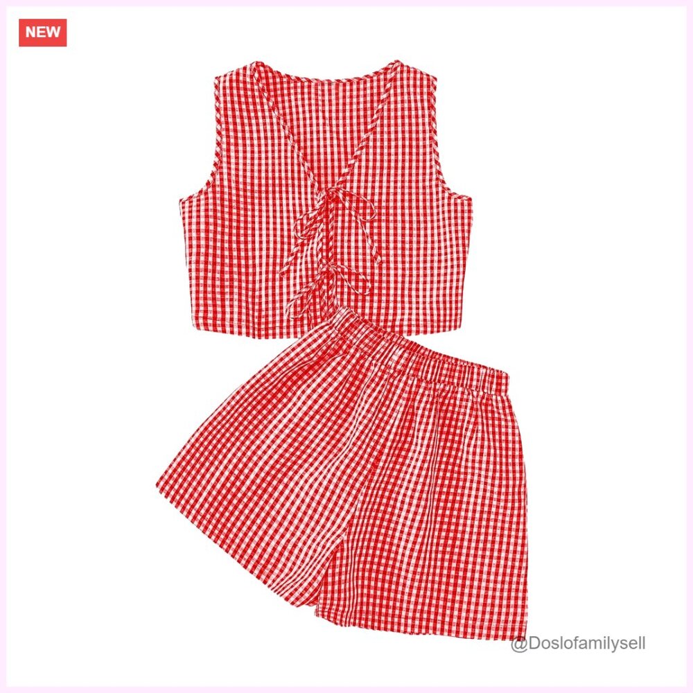 Women's Summer Plaid Romper Set, Sleeveless Tie Front Tank Top And Shorts